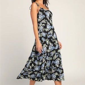 Started With a Kiss Black Floral Print Tie-Strap Tiered Dress